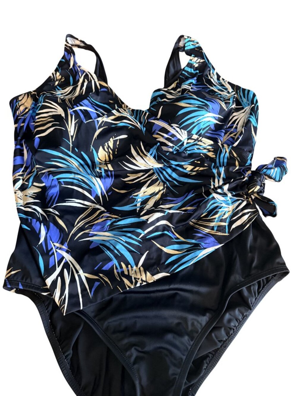 Great Lengths Womens 1-Piece Swimsuit SZ 20 Black w/Blue Tropical Print Side Tie